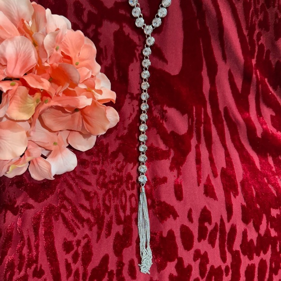 Silver Tone Clear Rhinestone Pendant Necklace with Tassle - Picture 15 of 16